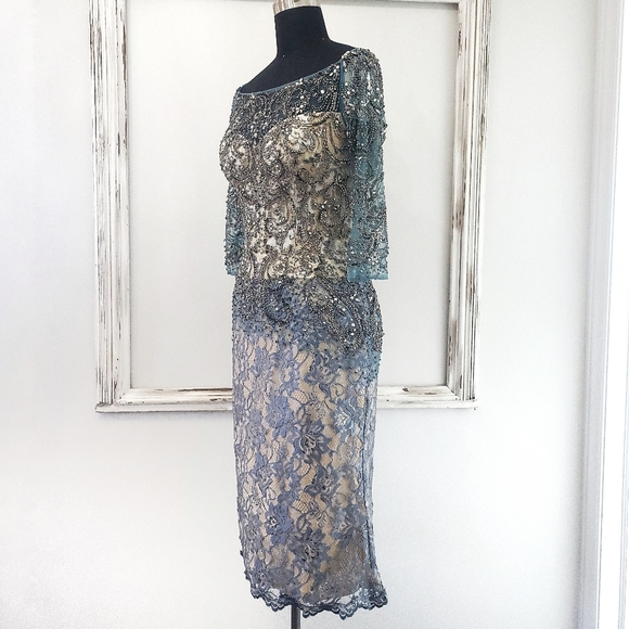 Mac Duggal Beaded Embroidered Metallic Lace Boatneck Cocktail Dress - Picture 6 of 15